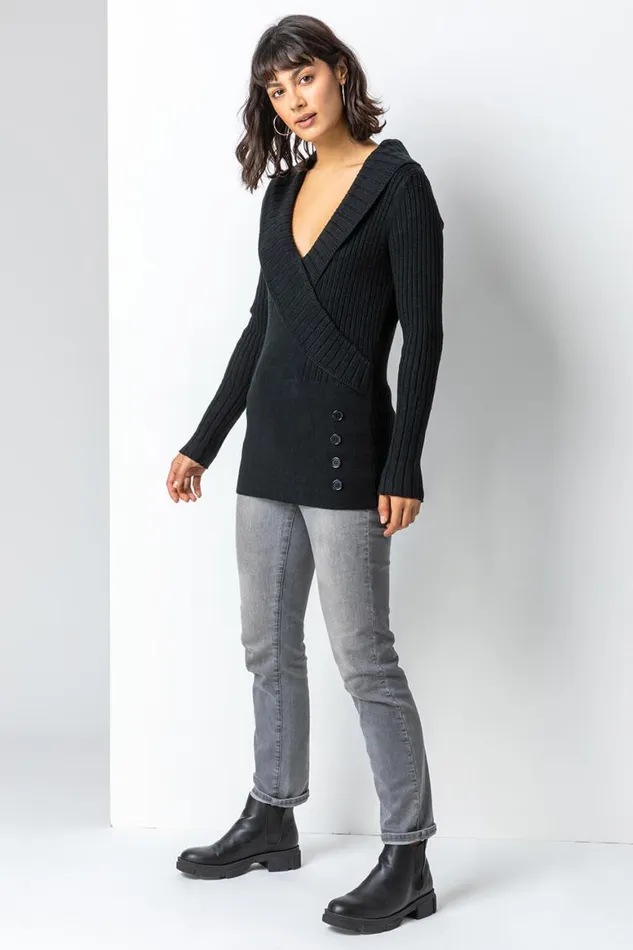 Women Black Longline Ribbed Overlap VNeck Tunic Jumper Roman Knitwear