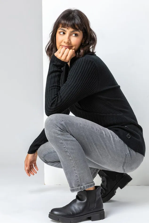 Women Black Longline Ribbed Overlap VNeck Tunic Jumper Roman Knitwear
