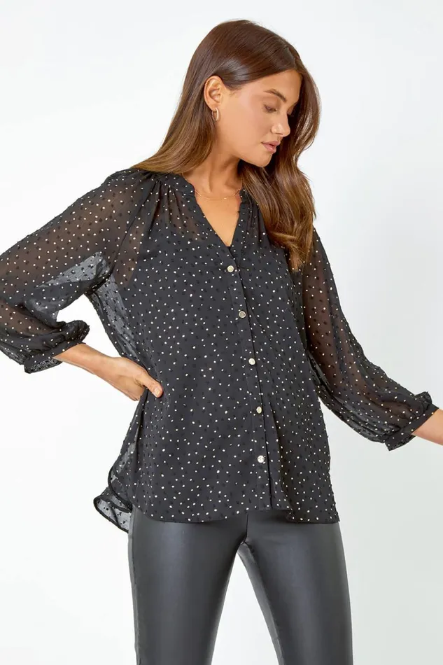 Women Black Metallic Spot Print Chiffon Blouse Roman Tops