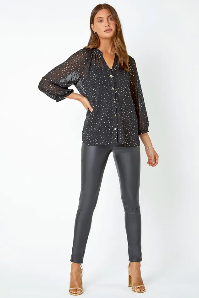 Women Black Metallic Spot Print Chiffon Blouse Roman Tops