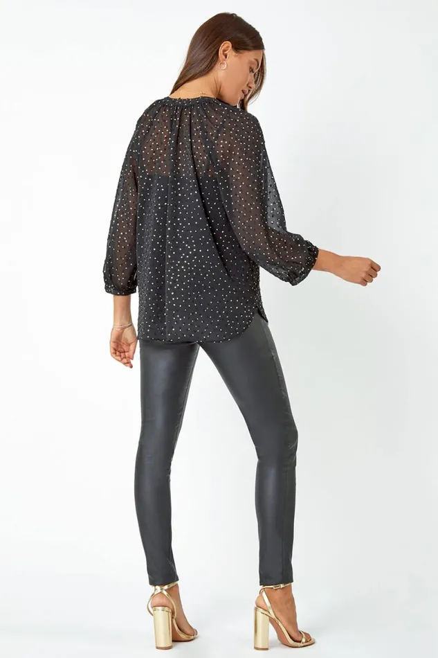 Women Black Metallic Spot Print Chiffon Blouse Roman Tops