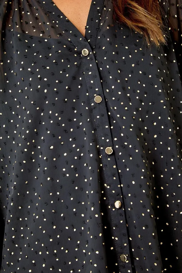 Women Black Metallic Spot Print Chiffon Blouse Roman Tops
