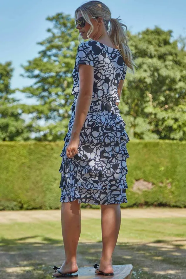 Women Black Monochrome Print Frill Tiered Dress Roman Dresses