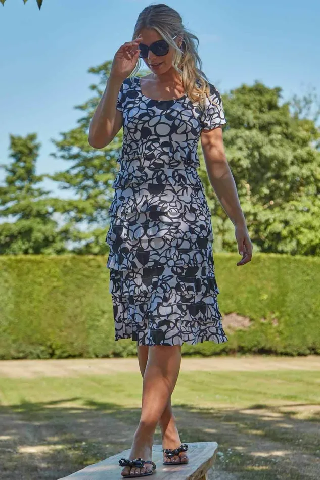 Women Black Monochrome Print Frill Tiered Dress Roman Dresses