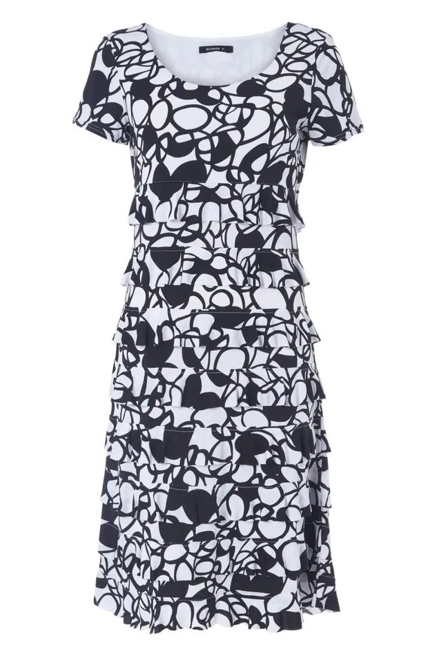 Women Black Monochrome Print Frill Tiered Dress Roman Dresses