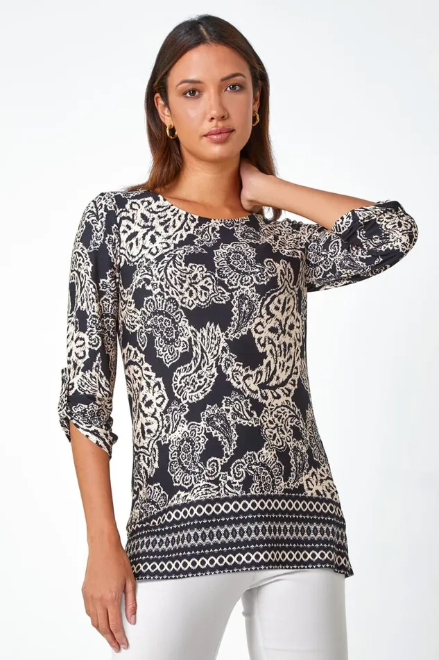 Women Black Paisley Border Print Stretch Tunic Top Roman Tops
