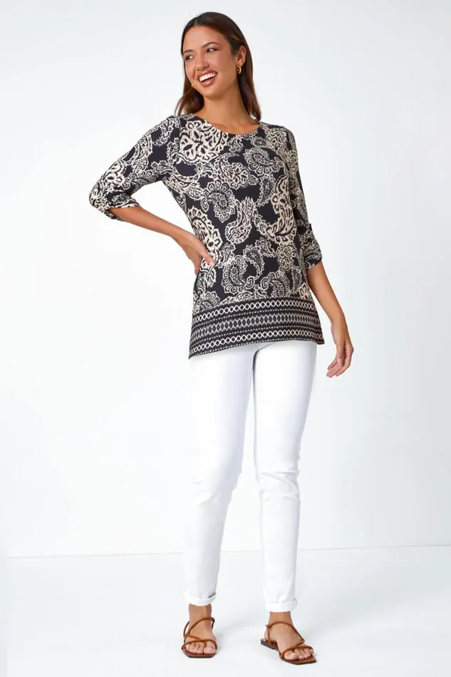 Women Black Paisley Border Print Stretch Tunic Top Roman Tops
