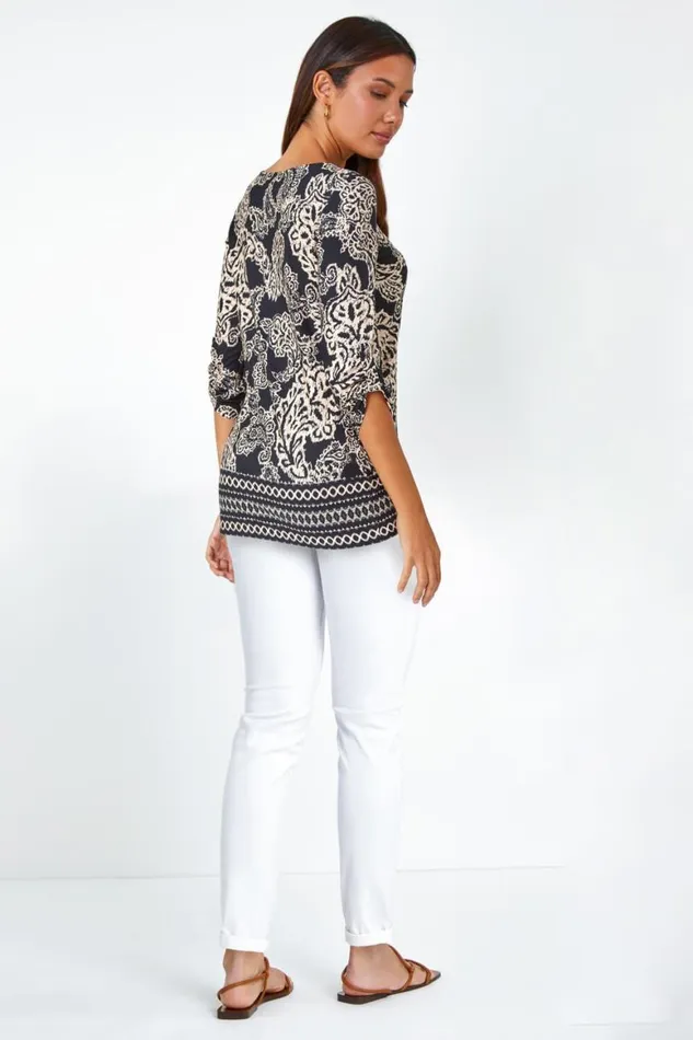 Women Black Paisley Border Print Stretch Tunic Top Roman Tops