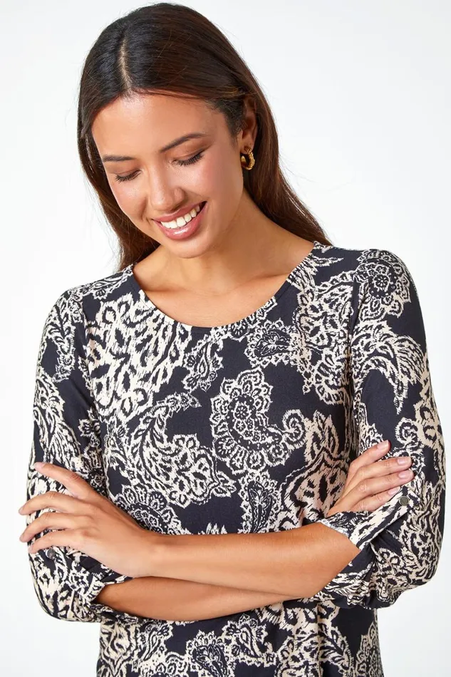 Women Black Paisley Border Print Stretch Tunic Top Roman Tops