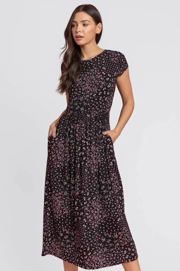 Women Black Patchwork Floral Stretch Jersey Dress Roman Dresses