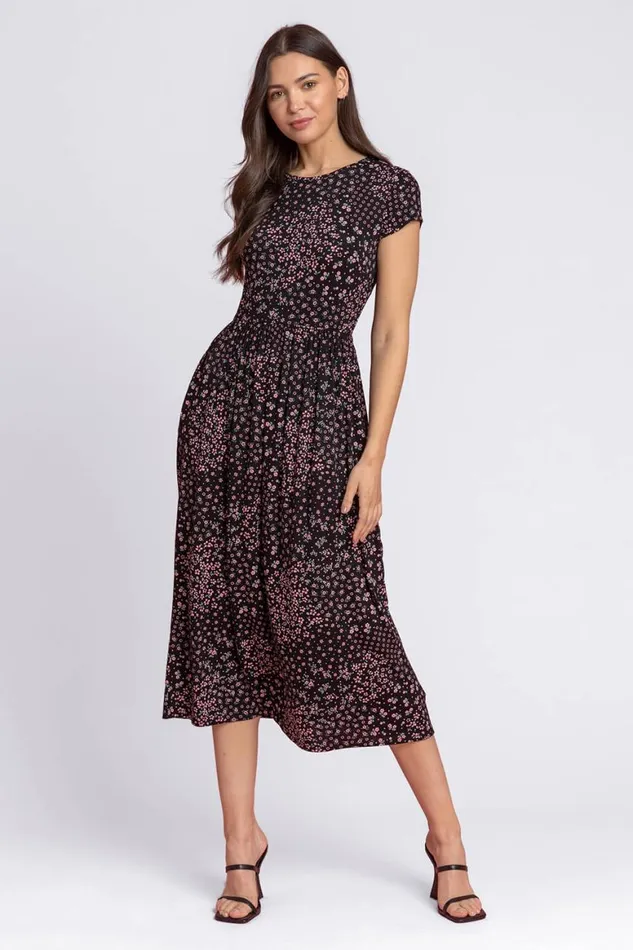 Women Black Patchwork Floral Stretch Jersey Dress Roman Dresses