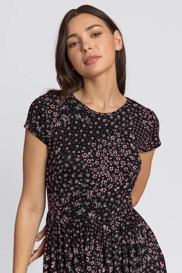 Women Black Patchwork Floral Stretch Jersey Dress Roman Dresses
