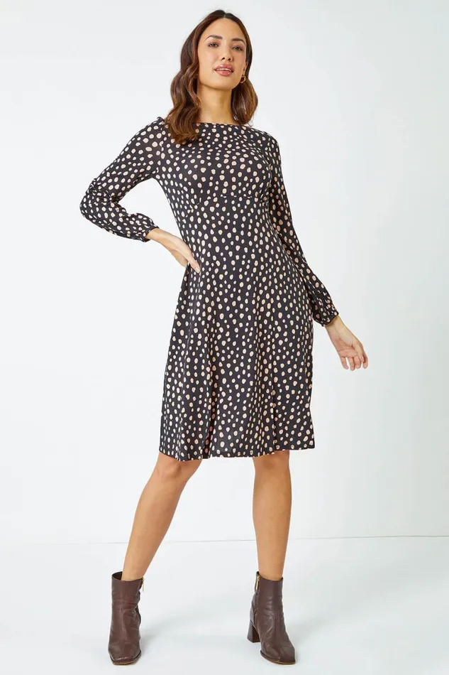 Women Black Pebble Spot Tea Dress Roman Dresses