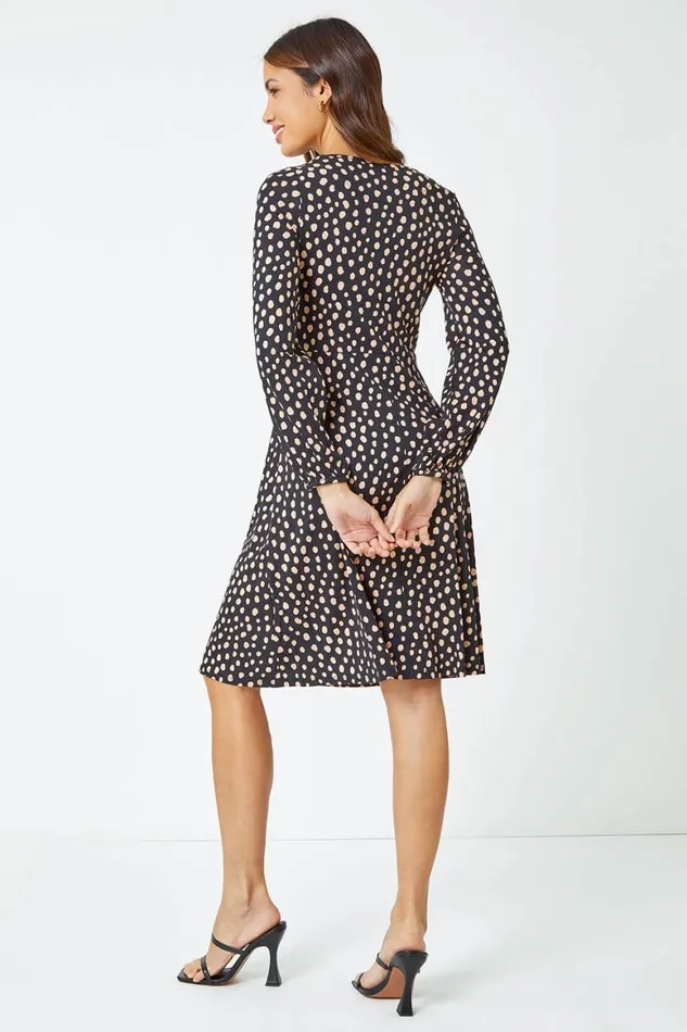 Women Black Pebble Spot Tea Dress Roman Dresses