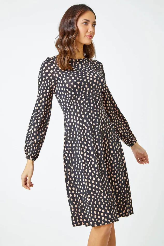 Women Black Pebble Spot Tea Dress Roman Dresses