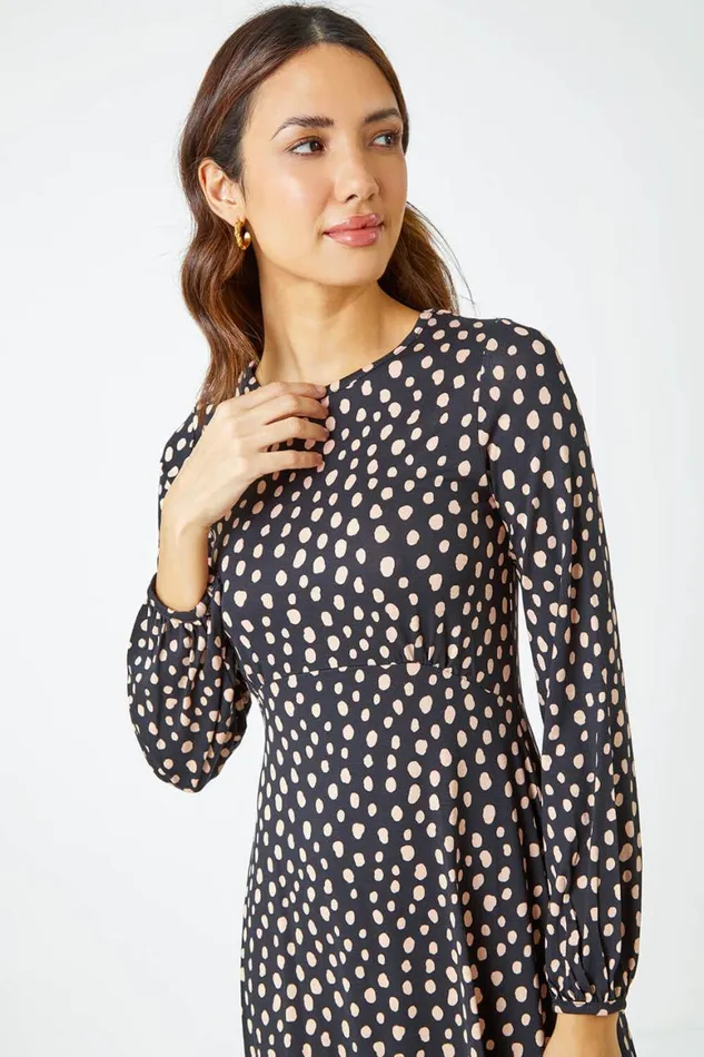 Women Black Pebble Spot Tea Dress Roman Dresses