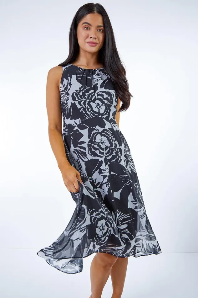 Women Black Petite Abstract Hanky Hem Asymmetric Dress Roman Dresses