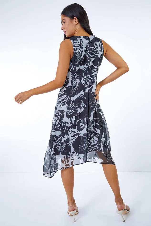 Women Black Petite Abstract Hanky Hem Asymmetric Dress Roman Dresses
