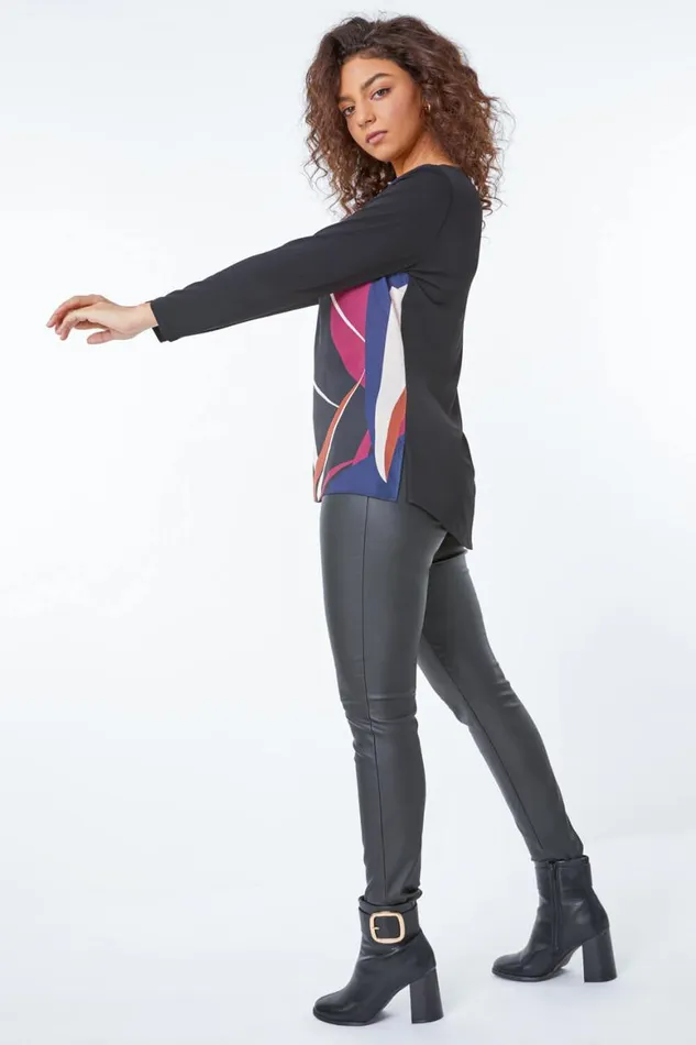 Women Black Petite Abstract Print Top Roman Tops