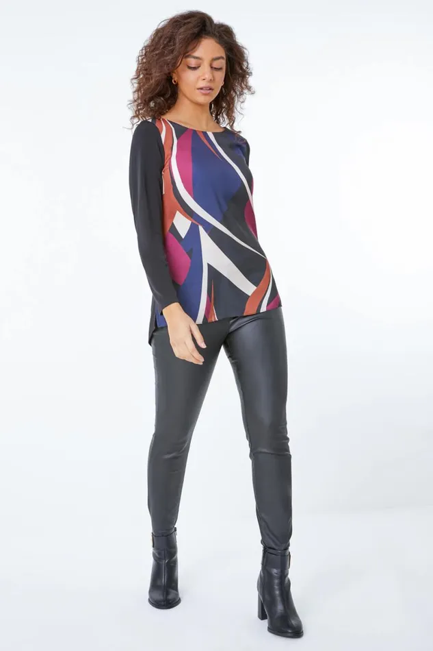 Women Black Petite Abstract Print Top Roman Tops