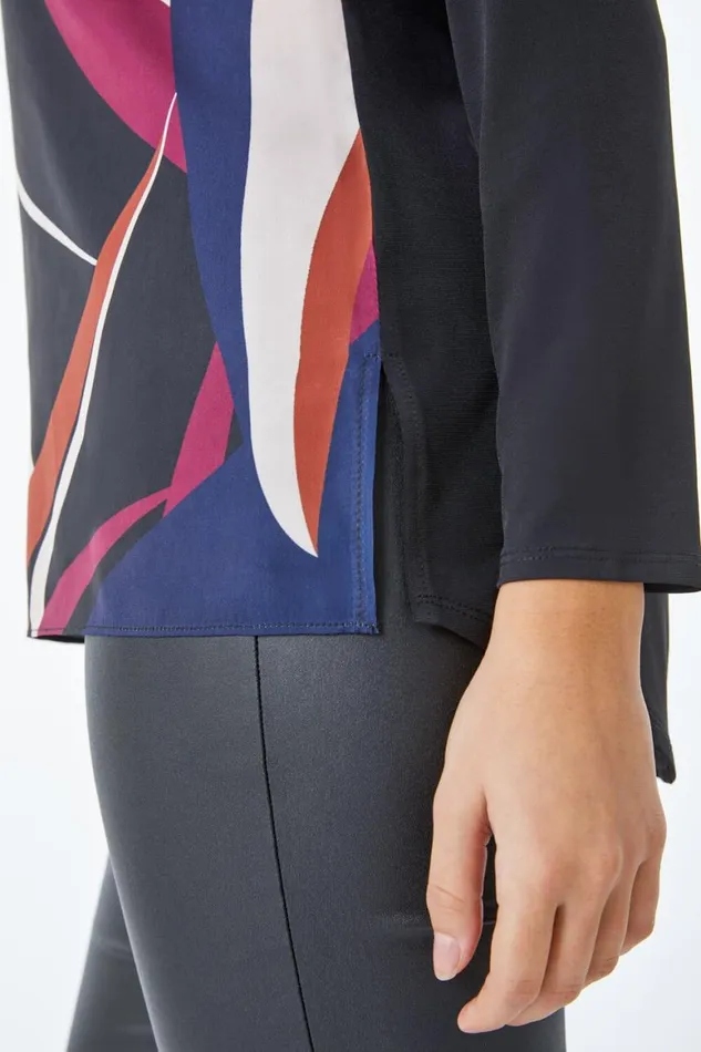 Women Black Petite Abstract Print Top Roman Tops