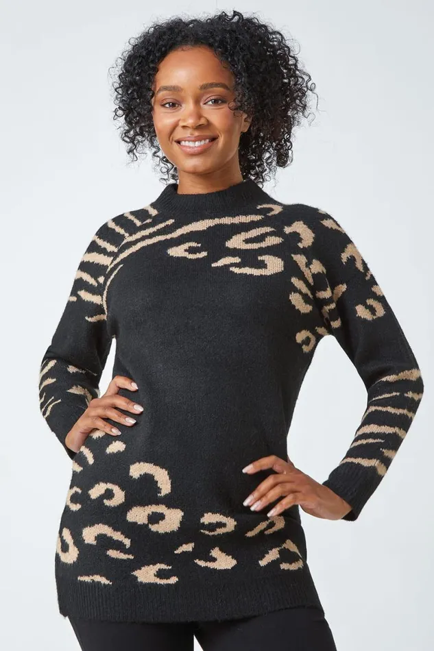 Women Black Petite Animal Print Longline Jumper Roman Knitwear