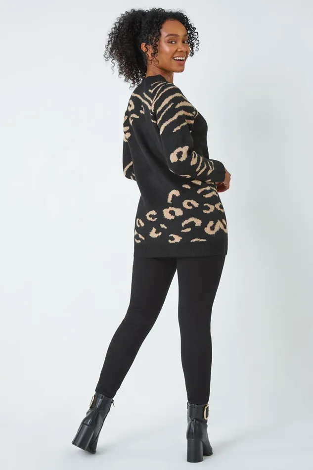 Women Black Petite Animal Print Longline Jumper Roman Knitwear