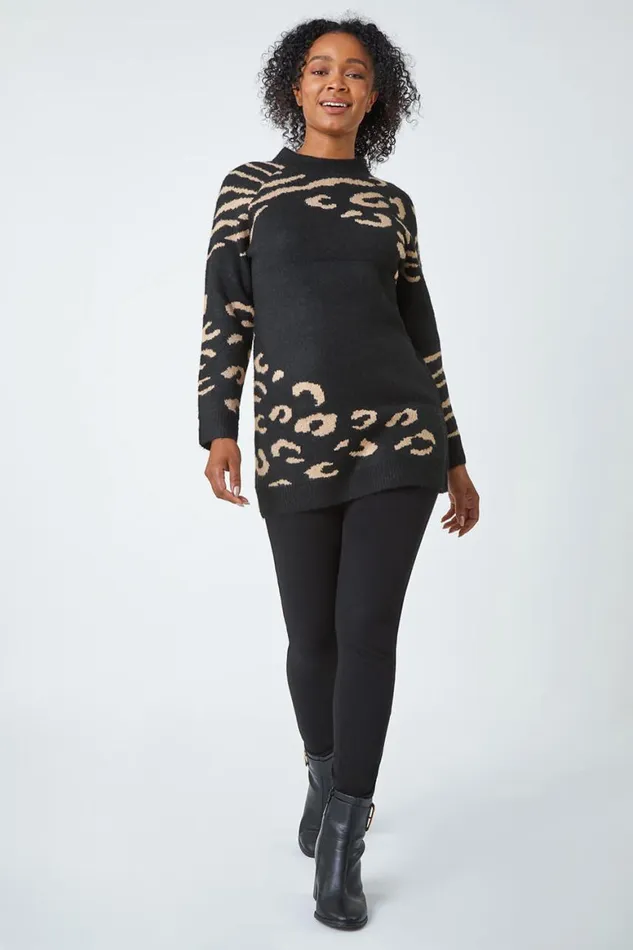 Women Black Petite Animal Print Longline Jumper Roman Knitwear