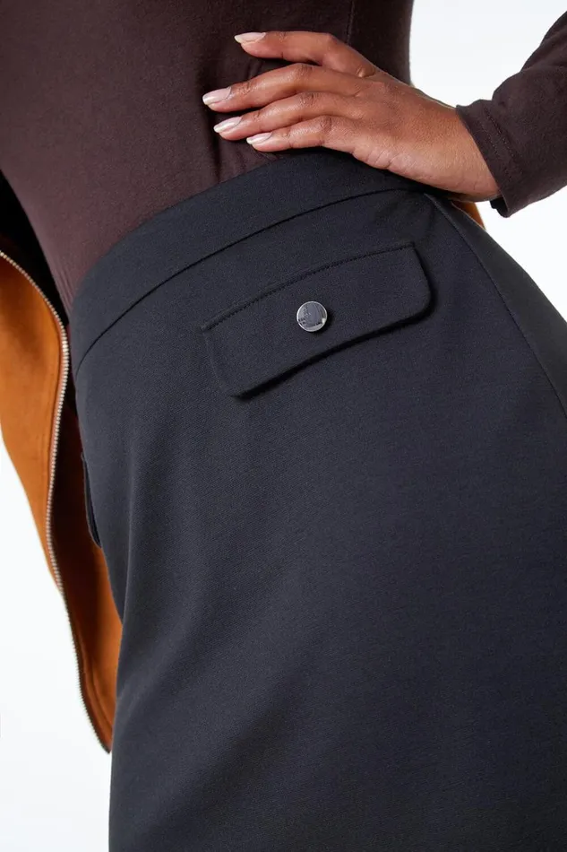 Women Black Petite Button Detail Pocket Skirt Roman Skirts