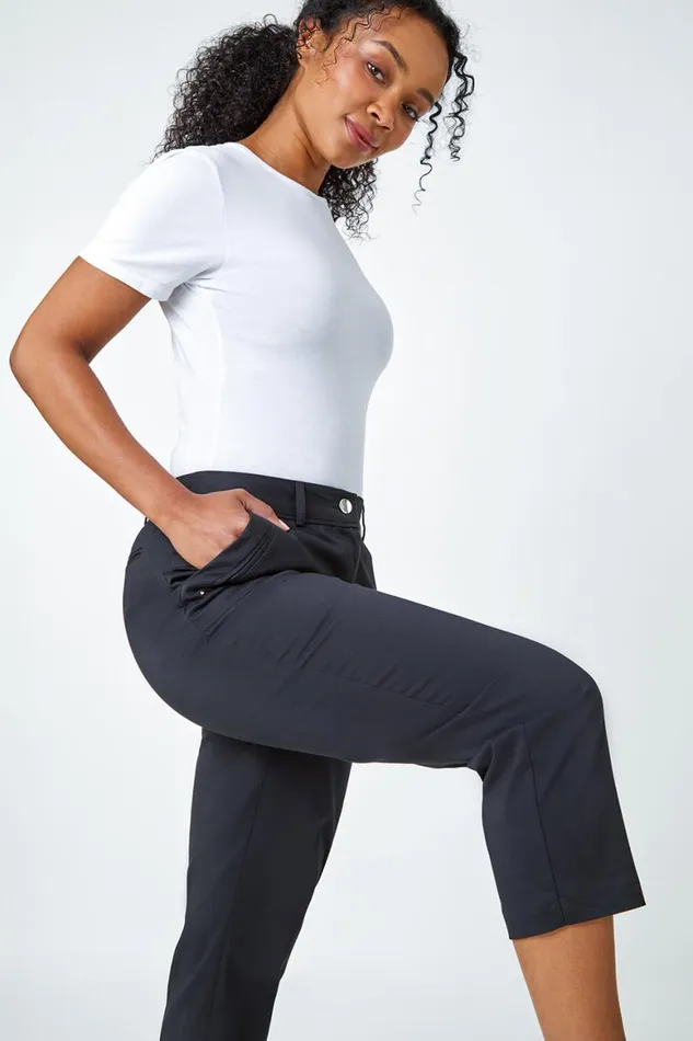 Women Black Petite Cotton Blend Stretch Trousers Roman Trousers