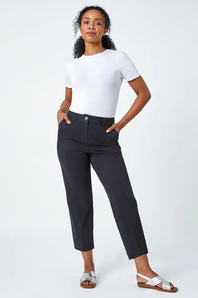 Women Black Petite Cotton Blend Stretch Trousers Roman Trousers