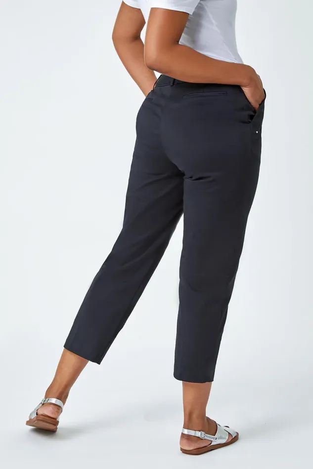 Women Black Petite Cotton Blend Stretch Trousers Roman Trousers