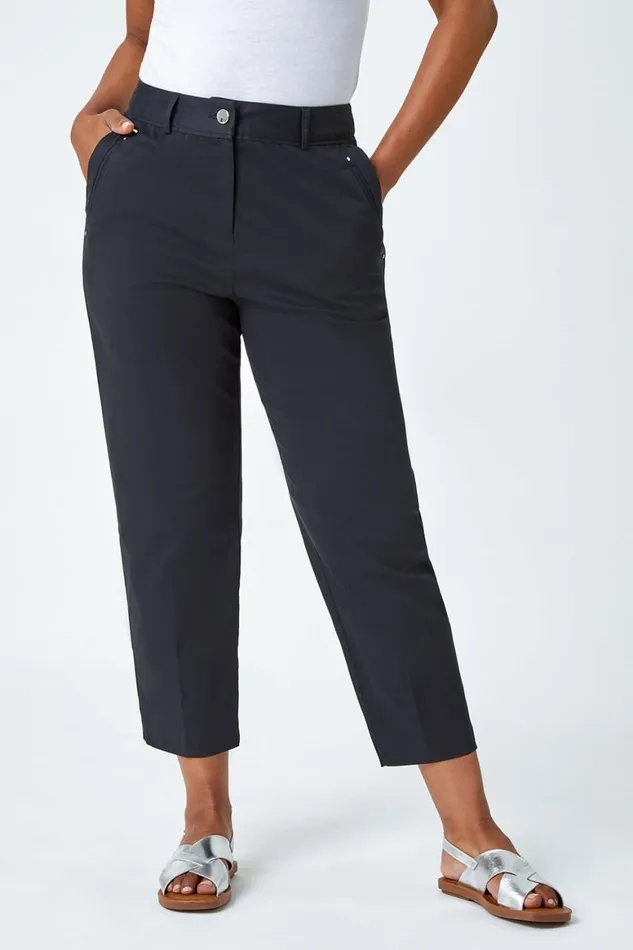 Women Black Petite Cotton Blend Stretch Trousers Roman Trousers