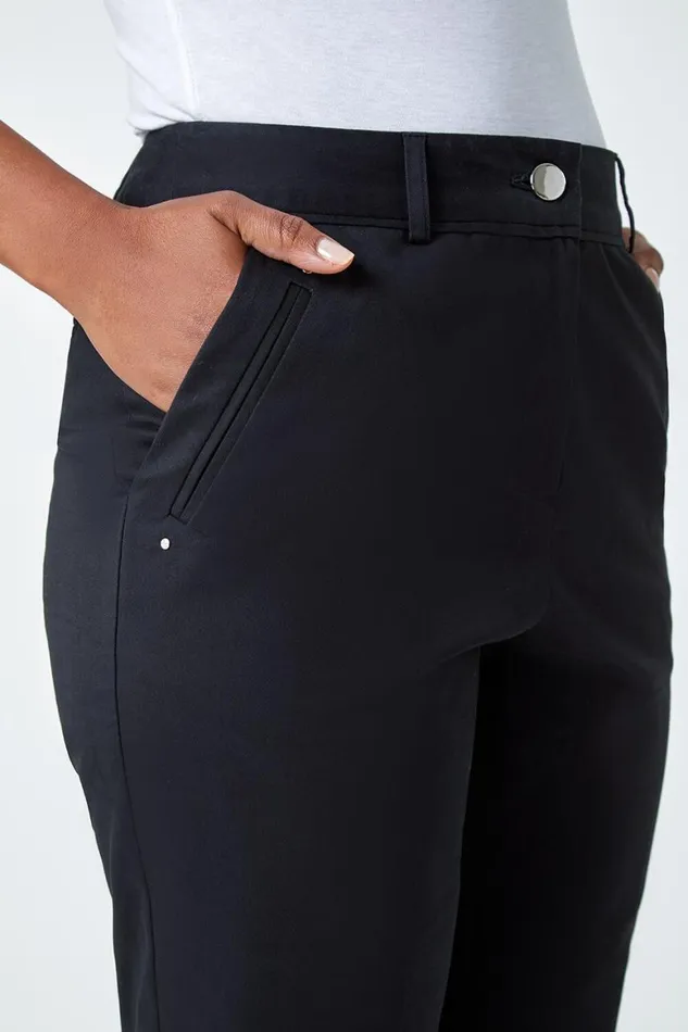 Women Black Petite Cotton Blend Stretch Trousers Roman Trousers