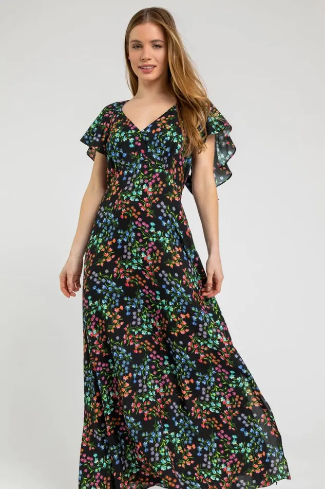 Women Black Petite Ditsy Floral Print Maxi Dress Roman Dresses