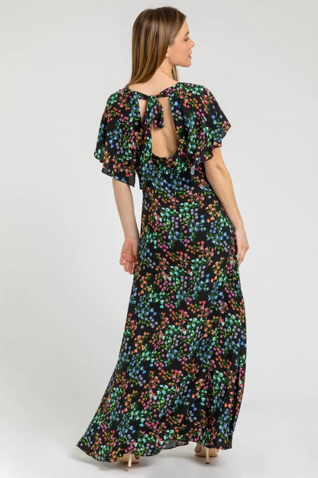 Women Black Petite Ditsy Floral Print Maxi Dress Roman Dresses