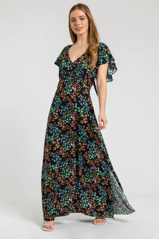 Women Black Petite Ditsy Floral Print Maxi Dress Roman Dresses