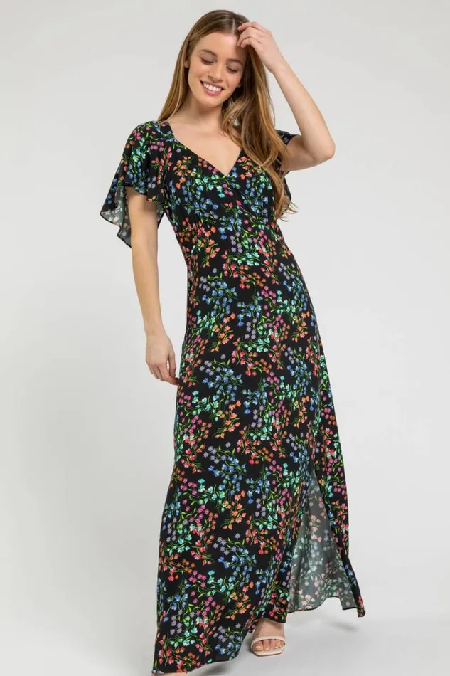 Women Black Petite Ditsy Floral Print Maxi Dress Roman Dresses