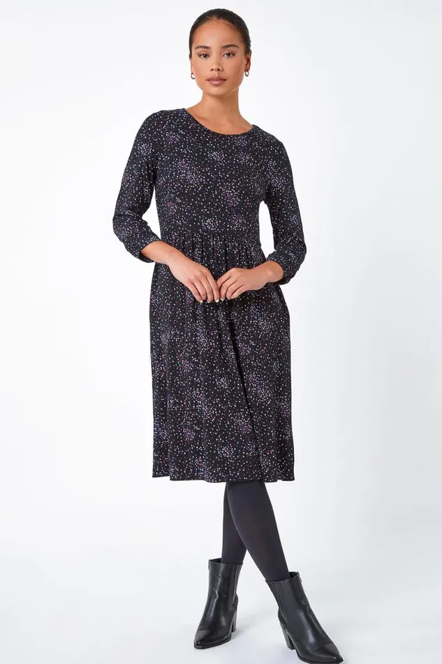Women Black Petite Ditsy Floral Stretch Dress Roman Dresses