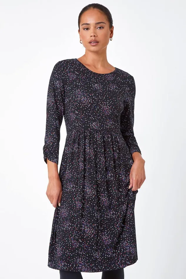Women Black Petite Ditsy Floral Stretch Dress Roman Dresses