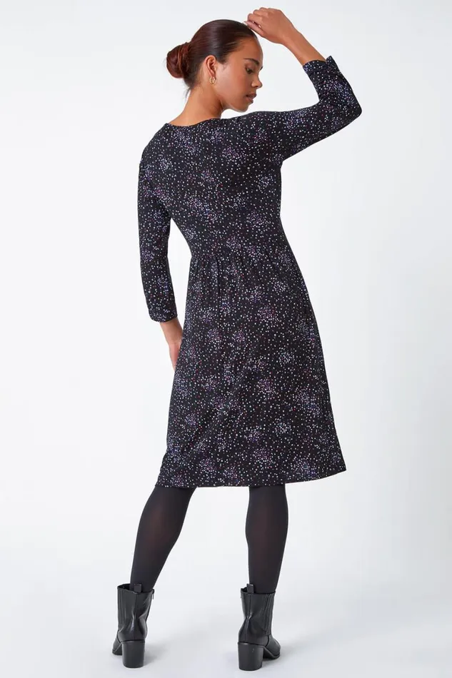 Women Black Petite Ditsy Floral Stretch Dress Roman Dresses
