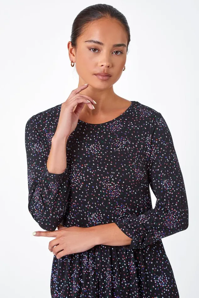 Women Black Petite Ditsy Floral Stretch Dress Roman Dresses