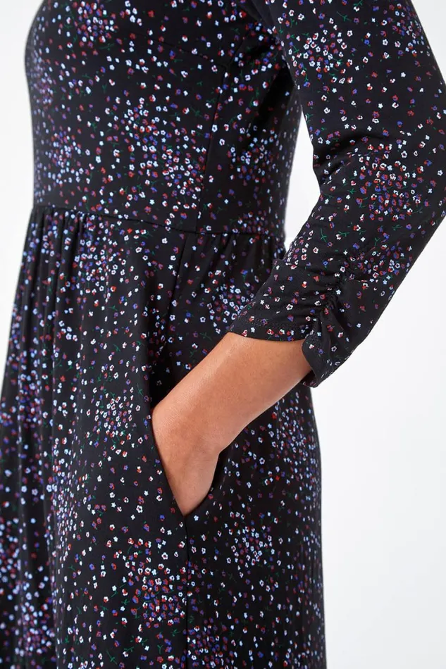 Women Black Petite Ditsy Floral Stretch Dress Roman Dresses