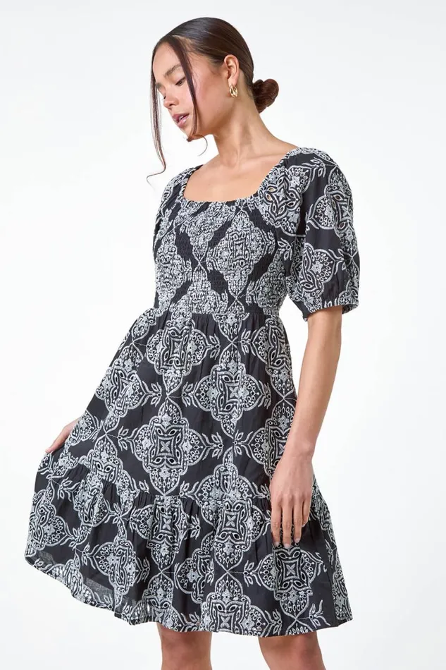Women Black Petite Embroidered Cotton Tiered Dress Roman Dresses