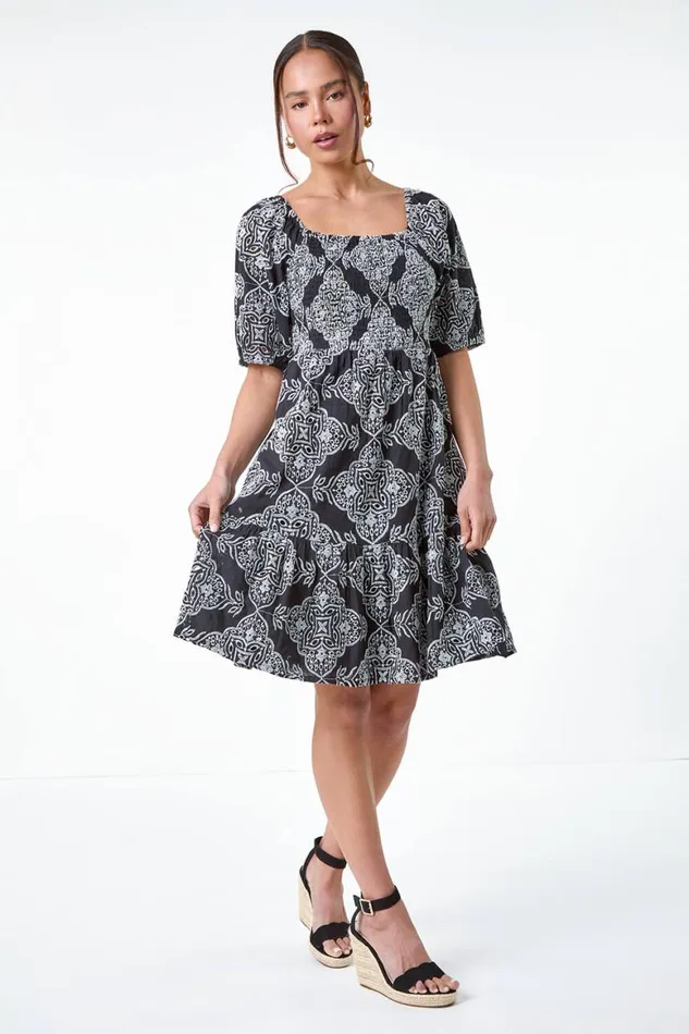 Women Black Petite Embroidered Cotton Tiered Dress Roman Dresses