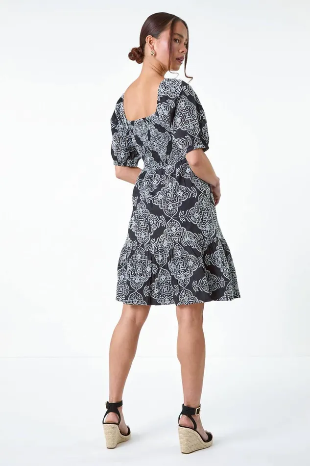 Women Black Petite Embroidered Cotton Tiered Dress Roman Dresses