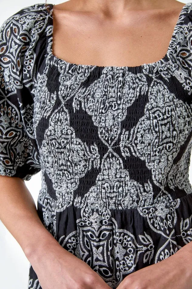 Women Black Petite Embroidered Cotton Tiered Dress Roman Dresses