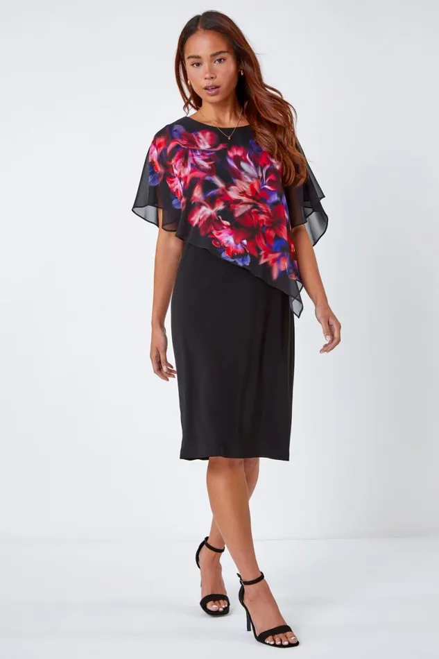 Women Black Petite Floral Chiffon Overlay Asymmetric Dress Roman Dresses