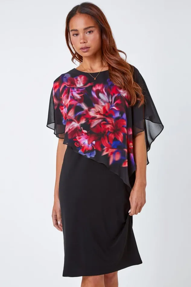 Women Black Petite Floral Chiffon Overlay Asymmetric Dress Roman Dresses