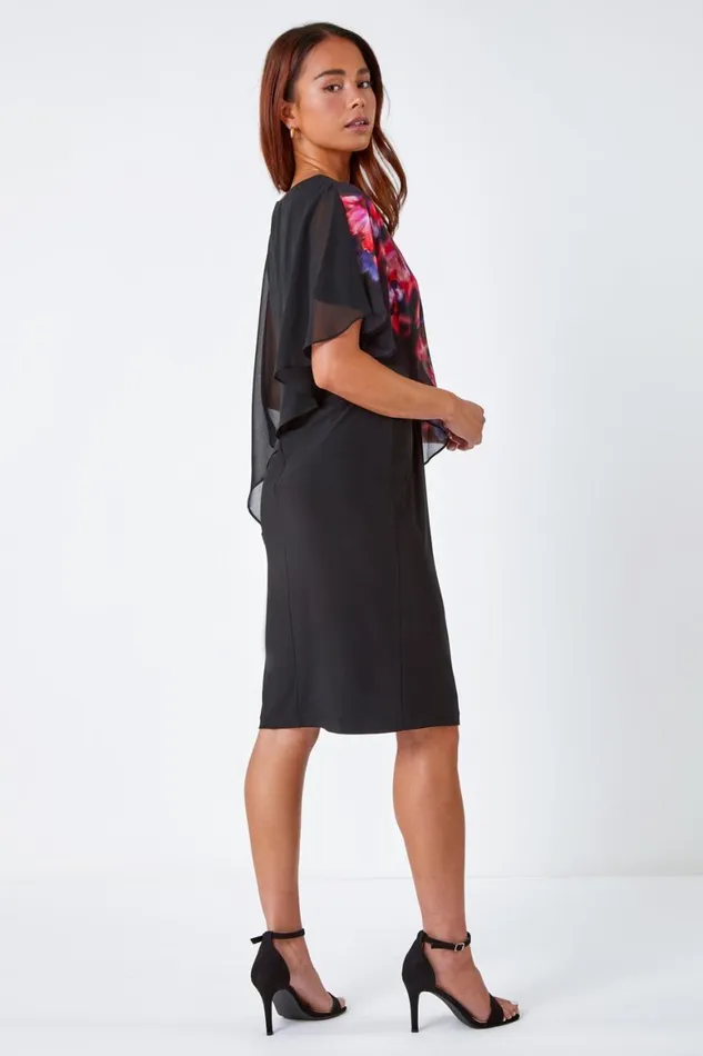 Women Black Petite Floral Chiffon Overlay Asymmetric Dress Roman Dresses